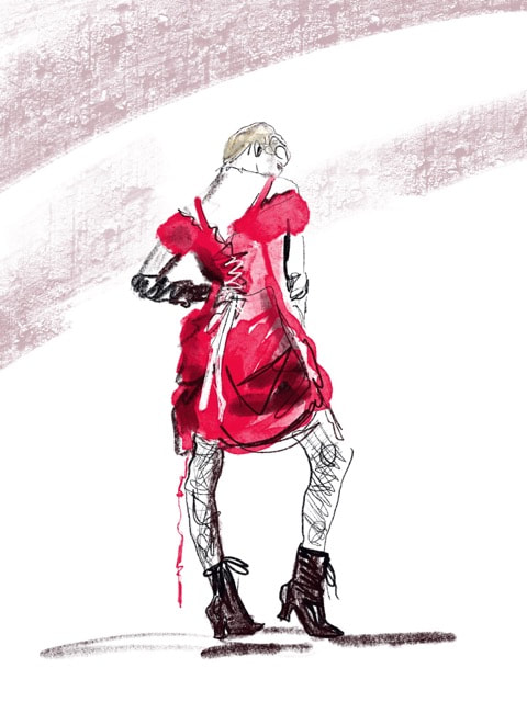 fashion sketch of standing figure wearing red dress and black boots