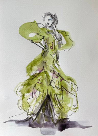 fashion sketch in mixed media of girl in green gown