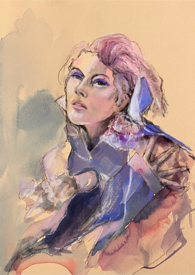 portrait of woman with pink hair wearing pink and lilac jacket